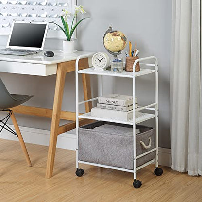 SunnyPoint 3-Tier Rolling Utility Cart – Metal Storage Organizer with Wheels, Mobile Kitchen Cart, Office & Home Organizer, White, 12" D x 16.92" W x 31.1" H - color: Wht