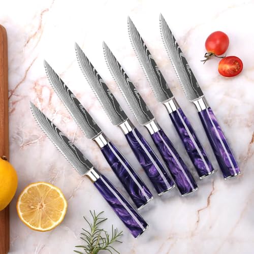 SENKEN Professional 6-Piece Steak Knife Set with Engraved Damascus Pattern, Razor Sharp Blade, High Carbon Steel with Gift Box (Purple) - color: Amethyst Purple