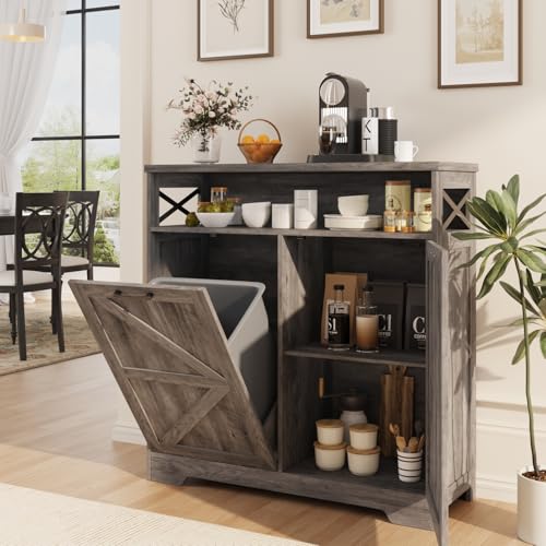 Befrases Tilt Out Trash Can Cabinet for 13 * 1 Gallon Trash Can, Farmhouse Kitchen Island Cabinet with Adjustable Shelf for Hidden Laundry Basket, Dog Proof Garbage Can for Dining Living Room, Grey - color: Grey, size: 1 x13 Gallons