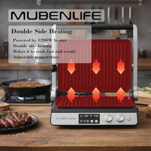 Panini Press,4 Slices Contact Grill with Removable Non-Stick Coated Grill and Flat Plates,Panini Makers with Temperature Control and Timer,Open 180 Degrees,Grill and Griddle (Silver with digital) - color: Silver with digital