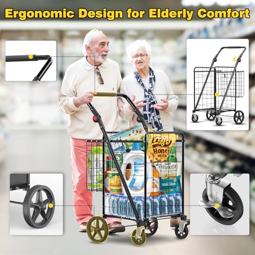 XINGLANG Heavy Duty Folding Shopping Cart – 4.5 Cu Ft, 420 lbs Capacity, Double Basket & Removable Waterproof Liner, 360° Swivel Wheels with Brakes, Adjustable & Rotating Handle for Laundry & Grocery - size: Jumbo