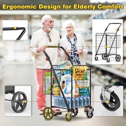 XINGLANG Heavy Duty Folding Shopping Cart – 4.5 Cu Ft, 420 lbs Capacity, Double Basket & Removable Waterproof Liner, 360° Swivel Wheels with Brakes, Adjustable & Rotating Handle for Laundry & Grocery - size: Jumbo
