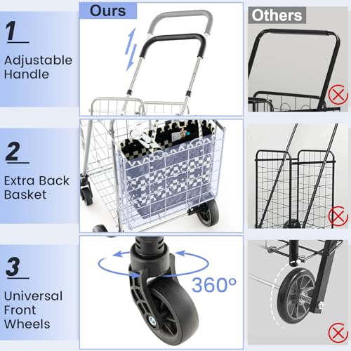 Goplus Folding Shopping Utility Cart, Double Basket and 360° Swivel Wheels, Adjustable Handle, Small Cart Perfect for Grocery Laundry Book Luggage Travel - color: Silver
