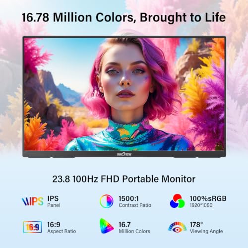 InnoView Large Portable Monitor 23.8inch FHD 1080P 100Hz USB-C,HDMI,DP Computer Display 100% sRGB 1500:1 Contrast Ratio IPS W/180°Adjustable DC Eyes Care Stand for Laptop PC MAC Phone PS4 Xbox Switch - color: black