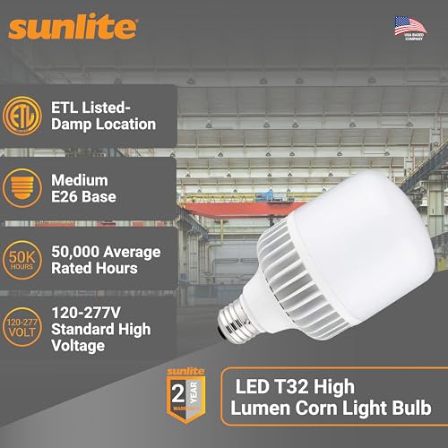 Sunlite LED T32 High Lumen Corn Light Bulb, 20 Watts (225W Equivalent), 2600 Lumens, Medium E26 Base, 120-277 Multi Volt, Non-Dimmable, 5000K Daylight, UL Listed, 1 Pack