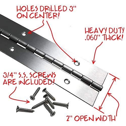 Heavy Duty 2" x 48" 201 Stainless Steel Piano Hinge - .060" Thick - ¾" S.S. Screws Included - 3 Pack - color: 3 Hinges, size: 48 Inch