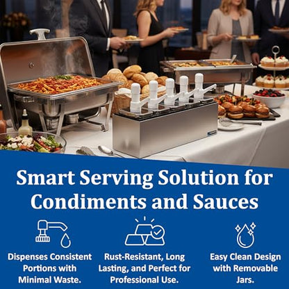 San Jamar P9715 Stainless Steel Condiment Pump Service Center with 5 Wells Black Jars, 24" Length x 7-7/8" Width x 12-1/2" Height - style: 5 Pumps