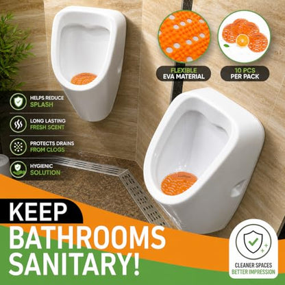 Urinal Screens Deodorizer 10 Pack Long-Lasting Orange Scent, Splash Control Urinal Mats Odor Eliminator for Wet & Dry Urinals Bathroom Freshener, Toilet Deodorizer, Urinal Cakes