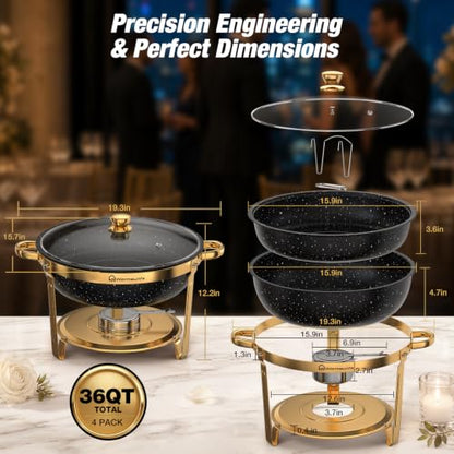 Chafing Dishes for Buffet, 4 Pack 9QT Gold Buffet Display Set, Granite-Coated Round Stainless Steel Food Warmers with Glass Lid Holder & Rolled-Edge, Stackable Storage Catering Events Supplies