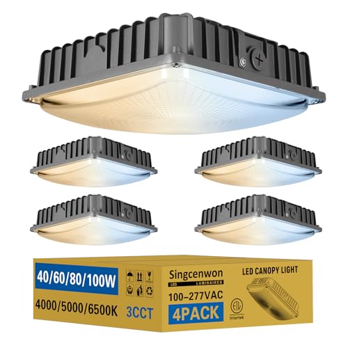 100W LED Canopy Light 4Pack, Selectable Wattage 40/60/80/100W, 3CCT 4000/5000/6500K, Commerical LED Canopy Lights Outdoor, Gas Station Square led Light for Garage Carport, Dim 100-277VAC, ETL Listed - size: 100W-3CCT