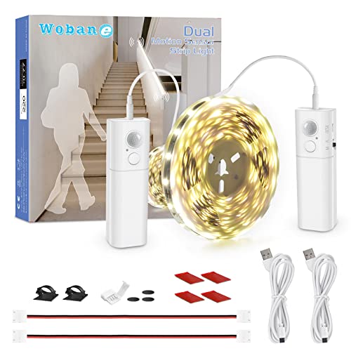 WOBANE 16.4ft Dual Motion Sensor Stair Lights Strip, Rechargeable LED Strip - color: White, size: 16.4ft White