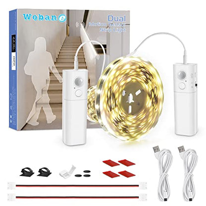 WOBANE 16.4ft Dual Motion Sensor Stair Lights Strip, Rechargeable LED Strip - color: White, size: 16.4ft White