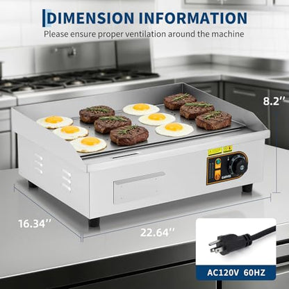 22” Commercial Electric Griddle, 120V 1750W Countertop Griddle, 120-570°F Adjustable Temp, Stainless Steel Electric Flat Top Grill with Removable Drip Tray for Restaurant/Kitchen/Home - size: 22inch