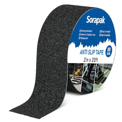 Black Anti Slip Tape 2in x 20ft, 80 Grit Waterproof Grip Tape Roll, Non Slip Tape for Stairs, Steps, Ramps, Ladders, Floors, Docks, Trailers & Outdoor Use - size: 2'' x 20 FT