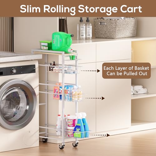 4 Tier Slim Rolling Storage Cart with Pull-Out Baskets, Narrow Sliding Storage Slim Laundry Cart Slim Rolling Kitchen Cart - color: White