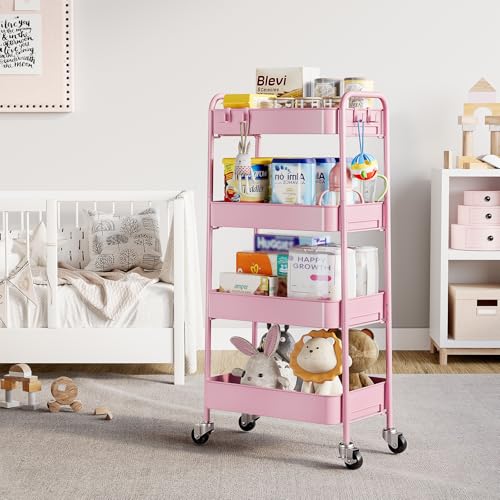 TOOLF 4 Tier Metal Rolling Cart, Utility Storage Cart with Wheels, Pink - color: Pink, size: 4-Tier