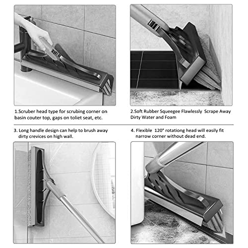 2 in 1 Floor Brush Scrubber with Long Handle Grout Brush 3 Poles 53.5'' New Upgrade Stiff Bristle Cleaning Scrub Brush with Squeegee 120°Rotating Tile Brush for Cleaning Bathroom Glass Patio Kitchen - color: Gray