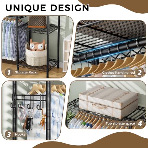 Golpart Heavy Duty Clothes Rack Metal Wardrobe with Adjustable Wire Shelves - color: Black, size: 15.75"D x (70~88.5)"W x 76.5"H
