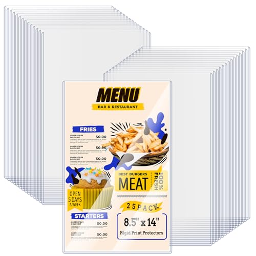AKONEGE 25PCS Menu Covers 8.5" x 14" Rigid Print Protectors Clear Plastic Page Sheet Protectors for Legal Size Paper, Top Loading Hard Plastic Paper Sleeves for Poster Document Photo Birth Certificate - size: 8.5" x 14"