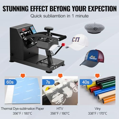 VEVOR Heat Press 6x3.75Inch Curved Element Hat Press Clamshell Design Heat Press for Hats Rigid Steel Frame No Stick Digital LCD Timer and Temperature Control (6x3.75Inch Clamshell Design) - color: Black