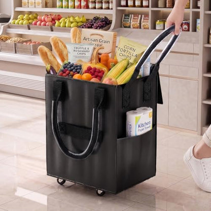Reusable Grocery Bag on Wheel, Foldable Shopping Cart with Wheels, Can Carry up to 67 Pounds, Suitable for Groceries, Laundry, Camping and Moving. (Black - Medium) - color: Black - Medium