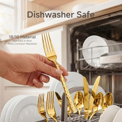 40 Piece Gold Silverware Set, 18/10 Stainless Steel Hammered Flatware for 8 - color: Gold, size: 40-Piece