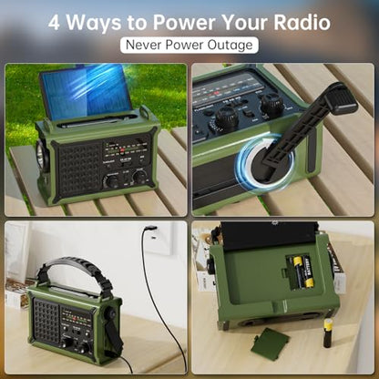 12000mAh/44400mWh Emergency Radio, NOAA Weather Radio, Hand Crank & Solar - color: Amy Green