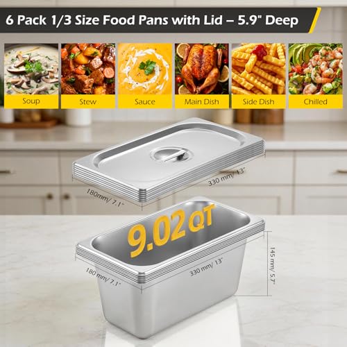 Dyna-Living Steam Table Pan with Lid 1/3 Size 6 Inch Deep 6 Pack Hotel Pans - color: With Lids, size: 6 Inch Deep