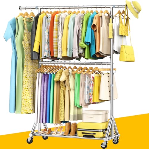 100% Stainless Steel Heavy Duty Clothes Rack Load 860 LBS, Two Tier Rolling Garment Rack with Wheels, Adjustable Double Rod Clothing Rack for Hanging Clothes, Closet Rack for Storage and Organization - color: Silver, style: 2 Tier Bar