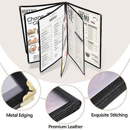 10 Pack Menu Covers 6 Page 12 View, 8.26 x 11.69 Inches Transparent Restaurant Recipe Menu Covers Menu Holder with Leatherette Trim & Metal Corners for Bar Cafe Restaurant