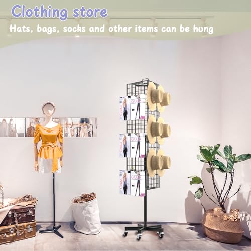 Grid Wall Panels Display Stand - 16”*63.3"Triangular Display Metal Shelf with 30 Hooks for Vendor Events,360° Rotating Art Display Panels Heavy Duty Floor Standing Movable Retail Display Organization