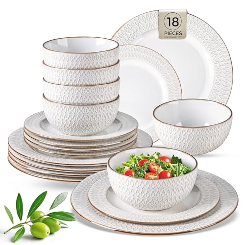 GBHOME Ceramic Dinnerware Sets of 6,18 pcs Plates and Bowls Sets Dishes - color: Pearl White-Diamond, size: Service for 6 (18 pcs)