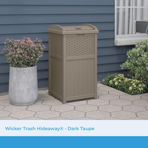 Suncast Wicker Resin Outdoor Hideaway Trash Can with Latching Lid for Use in Backyard, Deck, or Patio, Dark Taupe - color: Dark Taupe