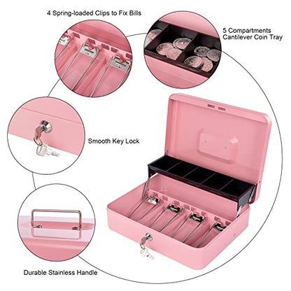 Cash Box with Money Tray and Lock, Metal Money Box for Cash Register 4 Keys - color: Pink
