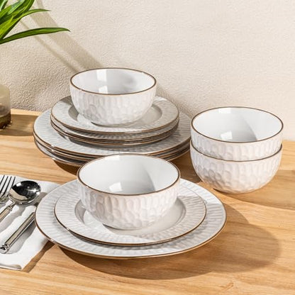 GBHOME Ceramic Dinnerware Sets of 4,12 pcs Plates and Bowls Sets Dishes - color: Pearl White-Bubble, size: Service for 4 (12 pcs)
