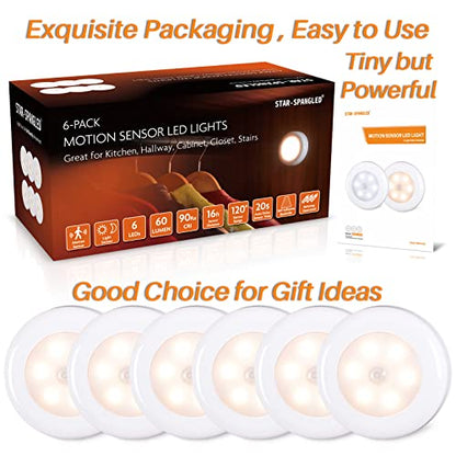 STAR-SPANGLED 2.8” LED Motion Sensor Lights Indoor AAA Battery, 6 Pack Warm - color: Warm White