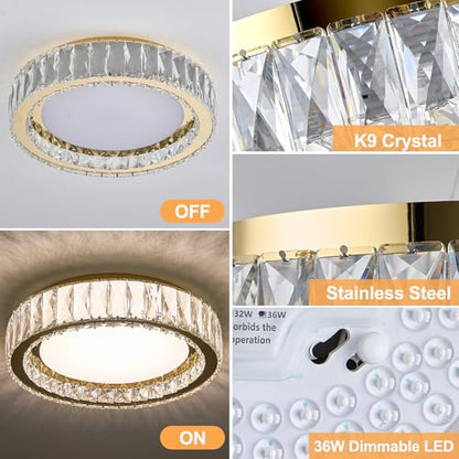15 Inch Gold Dimmable Crystal LED Flush Mount Ceiling Light - color: Gold, size: 15 Inch