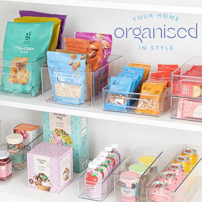 Plastic Food Storage 4 Pack Clear Container Bin with Handles for Organizing Kitchen, Pantry, Refrigerator, Freezer, Pantry, Cabinet, Closet, Bathroom 10”x8”x5” - size: 10x8x5