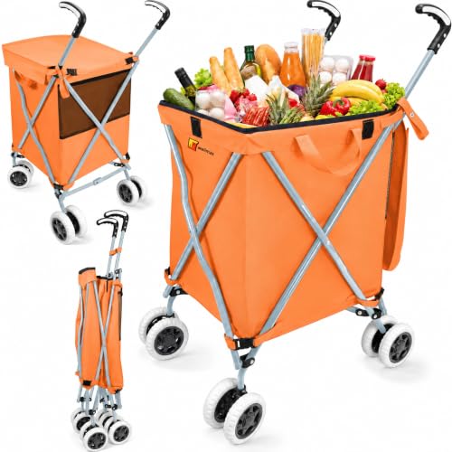 Wellmax Folding Shopping Cart with Canvas Bag & Cover, Holds 120 lb, Orange - color: Orange