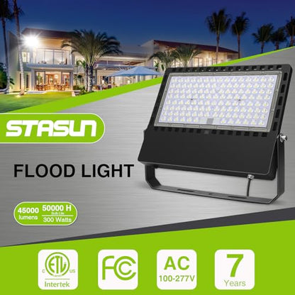 STASUN 300W 45000LM LED Flood Light Outdoor - High Lumen Super Bright, ETL Certified 100-277V 5000K Daylight White, IP67 Waterproof Stadium Lights for Arena, Parking Lot, Sports Court, Backyard - size: 300W