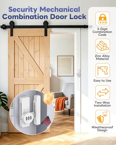 Sliding Barn Door Lock, 3-Digit Password Locks, White - color: White