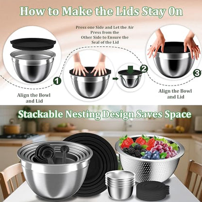 Mixing Bowls with Lids Set, 27Pcs Stainless Steel Nesting Mixing Bowls Set for Kitchen Cooking & Storage, Metal Salad Bowls with Colander, Strainer, Grater & Dressing Containers, Kitchen Gadgets Black - color: Coal-Black