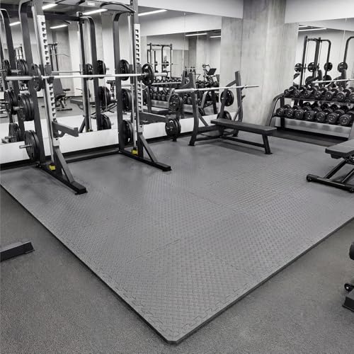 Tangkula 12 Tiles Exercise Flooring Mats with Border, Non-Slip EVA Foam Protective Mats, Elastic Puzzle Play Mats, 1/2" Interlocking Floor Mats for Home Gym, Fitness Room, Workshop Equipment (Gray) - size: 96.5"L x 25"W x 0.5"Th