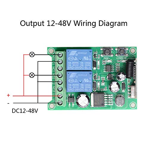 DC 12V 24V 36V 48V Wide Voltage RF Wireless Remote Light Switch 2 Channel 433Mhz Wireless Receiver with Transmitter, 12-48V Momentary 10A Relay Switch for Widely Used Home Smart