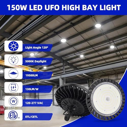 hykolity UFO LED High Bay Light, 150W, 19500LM, 5000K Daylight, 130LM/W - size: 150W