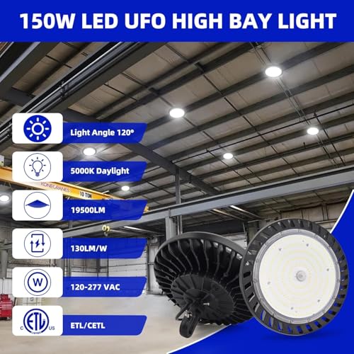 hykolity UFO LED High Bay Light, 150W, 19500LM, 5000K Daylight, 130LM/W - size: 150W