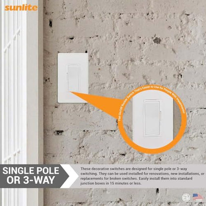 Sunlite LED Wall Rocker Style, Slide Bar Triac Dimmer Switch, Screwless Wall Plates Included, Single Pole or 3-Way Switching, 120 Volts, 200W Max for LED, 600W Max for Incandescent, White, 1 Pack - color: 1 Pack