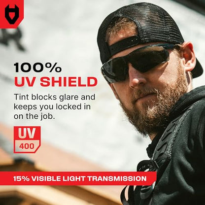 NoCry Anti-Fog Safety Sunglasses for Men with Scratch Resistant Lenses — Tinted Safety Glasses for Construction with 100% UV Protection — ANSI Z87.1 Work Sunglasses with Adjustable Temples & Nose Pad - color: Black & Black