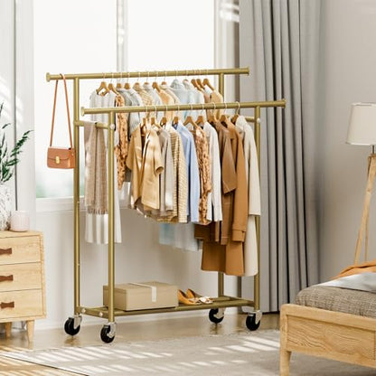 HYSEYY Clothes Rack, Double Rods Rolling Clothing Rack for Hanging Clothes, Portable Garment Rack with Wheels, Coat Rack Wardrobe Closet Load 240 LBS for Bedroom Laundry Room (Glod, L) - color: Glod