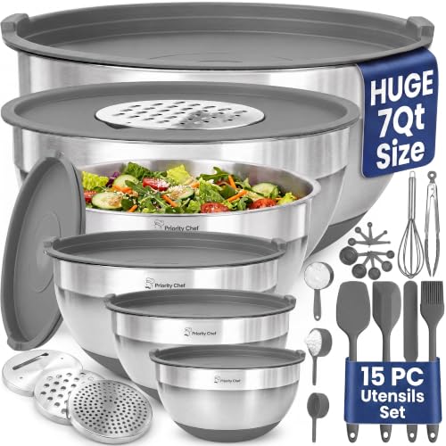 Priority Chef 6Pc Stainless Steel Mixing Bowls with Lids Set, Huge 7 Qrt Size Metal Bowl Set for Kitchen, 3 Graters, Non-Slip Bases & Silicone Utensils Set, Grey - color: Gray